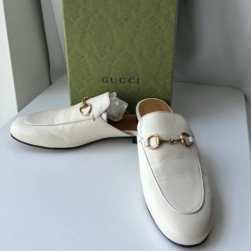NIB! Gucci (37.5) White/Gold Princetown Horsebit Leather Slip on Mule-New in Box
